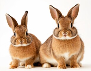 Fototapeta premium Adorable baby rabbit bunnies brown looking at something sitting over isolated white background. Puppy lovely furry infant brown bunny ears rabbit playful with copy space. Ai generated image.