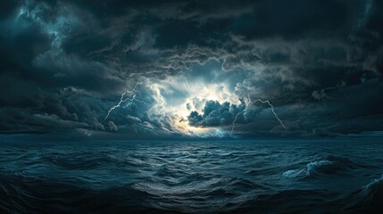 Fototapeta premium A panoramic view of a stormy sea with lightning illuminating the dark clouds, creating a dramatic and electrifying contrast between the storm and the ocean