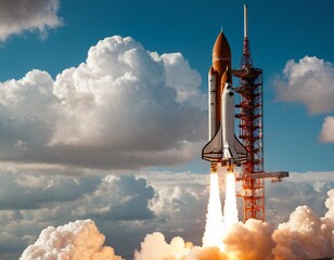 Modern space rocket in beautiful cloudy sky. Ai generated image