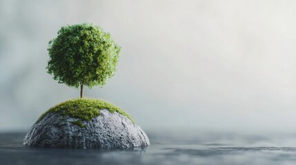 Tree on rock in water. Environmental resilience concept. Low carbon ecosystem visualization. Design for climate adaptation and biodiversity conservation campaigns