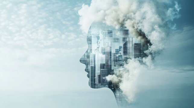 Human profile with polluted cityscape. Environmental impact concept. Climate change awareness visualization. Design for pollution reduction campaigns and urban sustainability initiatives