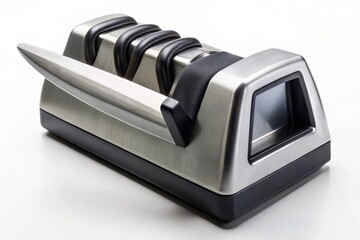 Sleek and modern knife sharpener with a dynamic, angular design, photographed from a low-angle perspective, emphasizing power and efficiency.
