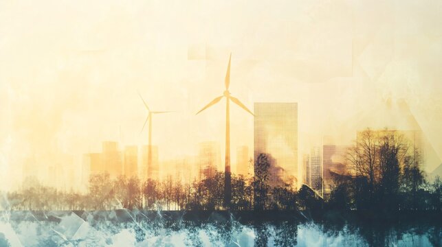 City skyline with wind turbines. Sustainable urban development concept. Low carbon city visualization. Design for renewable energy and green technology initiatives