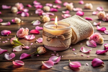 Soothing aromatherapy setup featuring a decorative wrap, a few scattered petals, and a delicate candle, evoking feelings of relaxation and serenity.