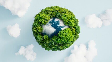 Green forest sphere with sky opening. Environmental protection concept. Low carbon world visualization. Design for climate change awareness and global sustainability initiatives