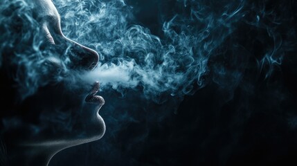 A smoker exhaling a thick cloud of smoke against a dark background, with the smoke forming intricate patterns as it dissipates into the air.