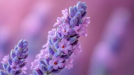 A close-up of a lavender flower spike with delicate purple blooms and tiny buds, isolated on a pastel lavender background,