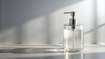Simple, transparent soap dispenser in a minimalist space with a few droplets of water and a subtle shadow, highlighting the product's functionality and ease of use.