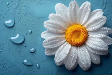 A close-up of a white daisy with a bright yellow center and raindrops on its petals, isolated on a pastel blue background,