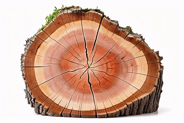 Close-up of a tree trunk cross-section with growth rings and bark.