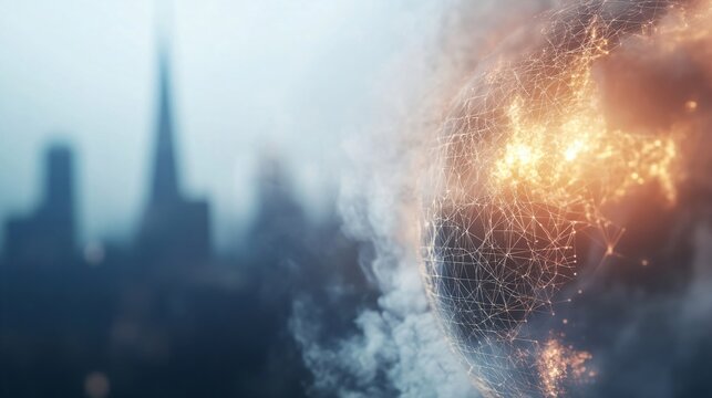 City skyline with digital network overlay. Smart city concept. Low carbon technology visualization. Design for urban innovation and sustainable development initiatives