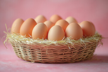 A basket of freshly laid eggs on a bed of straw, isolated on a pastel pink background,