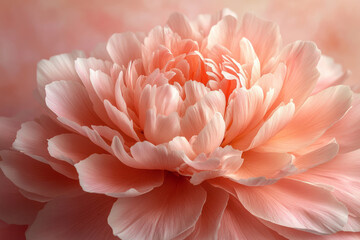 A close-up of a pink peony in full bloom with layers of soft, ruffled petals, isolated on a pastel pink background,