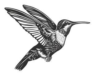 Fototapeta premium Hummingbird full aggressive expression black and white illustration