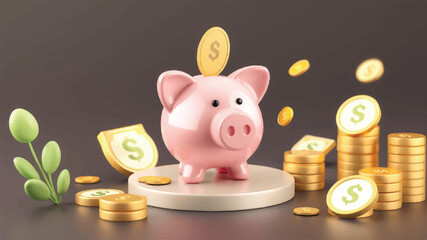 piggy bank and coins. Pay day concept, piggy bank receiving payday deposit, savings growth, 3D illustration. Pay day background, pile of gold coins with payday text overlay, financial success, 3D.