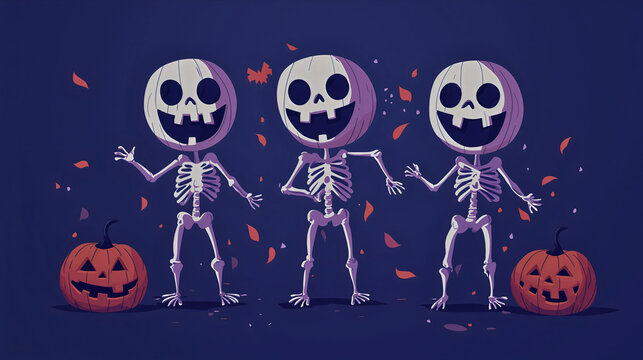 Skeletons dancing in the strong autumn wind that lifts the leaves, on a beautiful and eerie October night, skeletons dancing for Halloween.