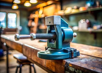 Low-angle shot of a quick release vise attached to a workbench, with a blurred out-of-focus background to create a sense of ruggedness and reliability.