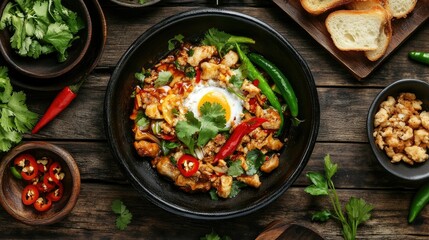 A top-down view of a sizzling served with crispy bread, fresh herbs, and sliced chilies, highlighting a traditional Thai breakfast with vibrant colors and textures.