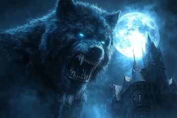 An aggressive werewolf growls in moonlight, showcasing Halloween themes perfect for spooky decorations or horror events with copy space.
