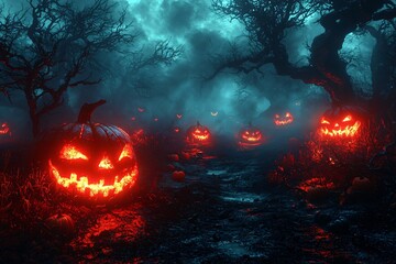 Naklejka premium A dramatic Halloween scene featuring glowing pumpkins, eerie trees, and a gloomy atmosphere, perfect for Halloween-themed designs with copy space.