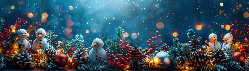 Obraz premium Festive winter scene with cheerful snowmen, colorful ornaments, and twinkling lights, capturing the spirit of Christmas joy.