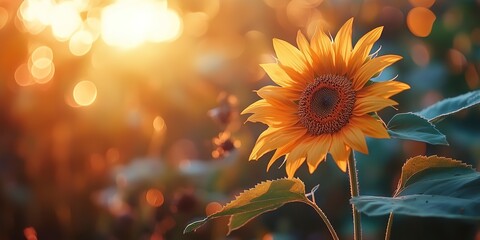 Naklejka premium blooming sunflower in summer with light sunset