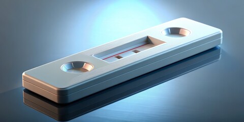 A highly detailed and realistic rendering of a rapid diagnostic test device, with subtle reflections and shadows, emphasizing the durability and ease of use.