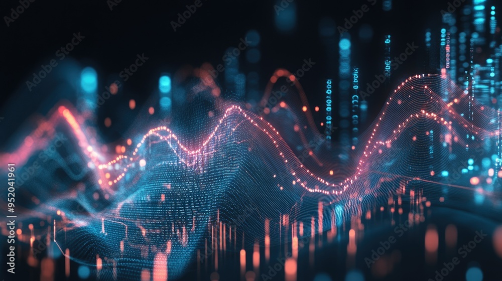 Poster a wide-angle view of a 3d line graph with multiple data series, showing curves and intersections in 
