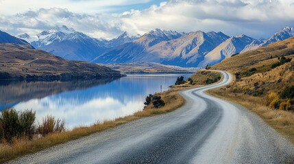 A wide-angle shot of a winding mountain road leading towards a serene lake, with reflections of the surrounding mountains in the water and a peaceful, scenic atmosphere.