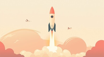 Minimalist Rocket Launch Vector Illustration in Pastel Colors