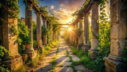 Fototapeta premium forgotten cracked pathway overgrown with vines leading to ancient Greek ruins crumbling stone columns warm sunlight casting long shadows on the worn route