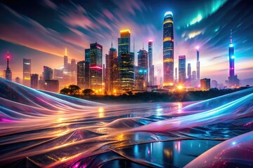 futuristic neon cityscape reflected in warped cling wrap background with misty atmospheric fog and vibrant glowing lights at dusk