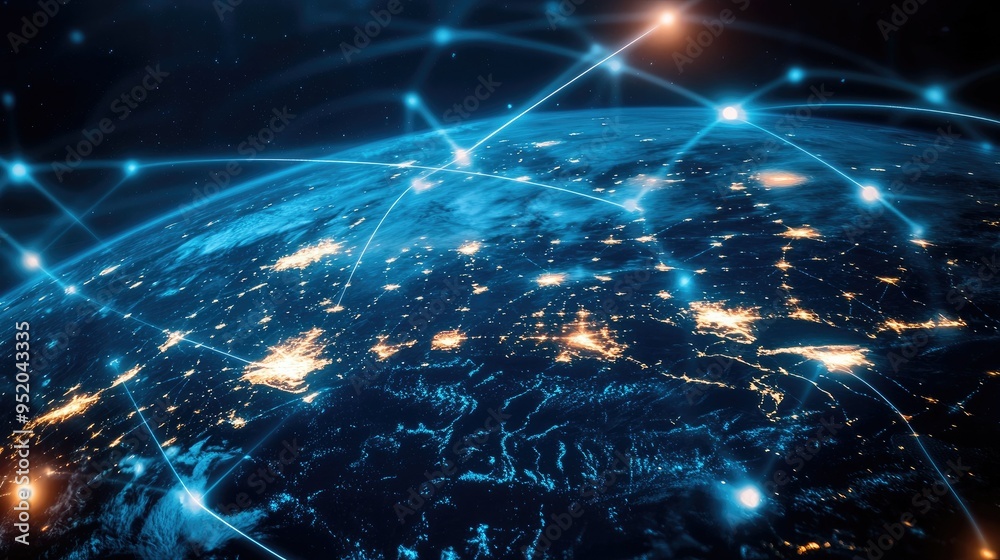 Poster concept of global technology connections with a web interface displaying interconnected networks and
