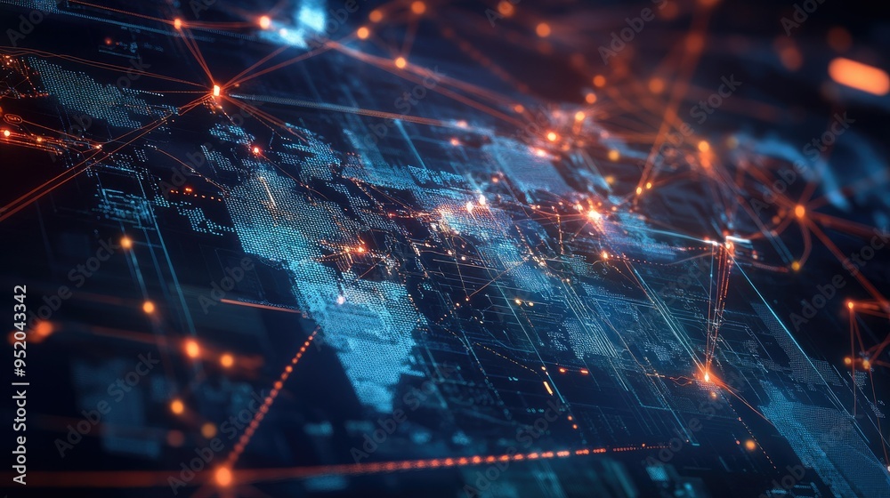 Poster concept of global technology connections with a web interface displaying interconnected networks and