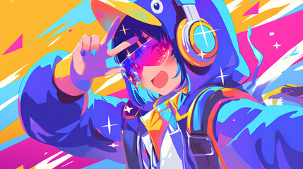 Fototapeta premium cute penguin character wearing anime onesie costume, anime style, cute kawaii, simple, smiling happy. neon psychedelic background