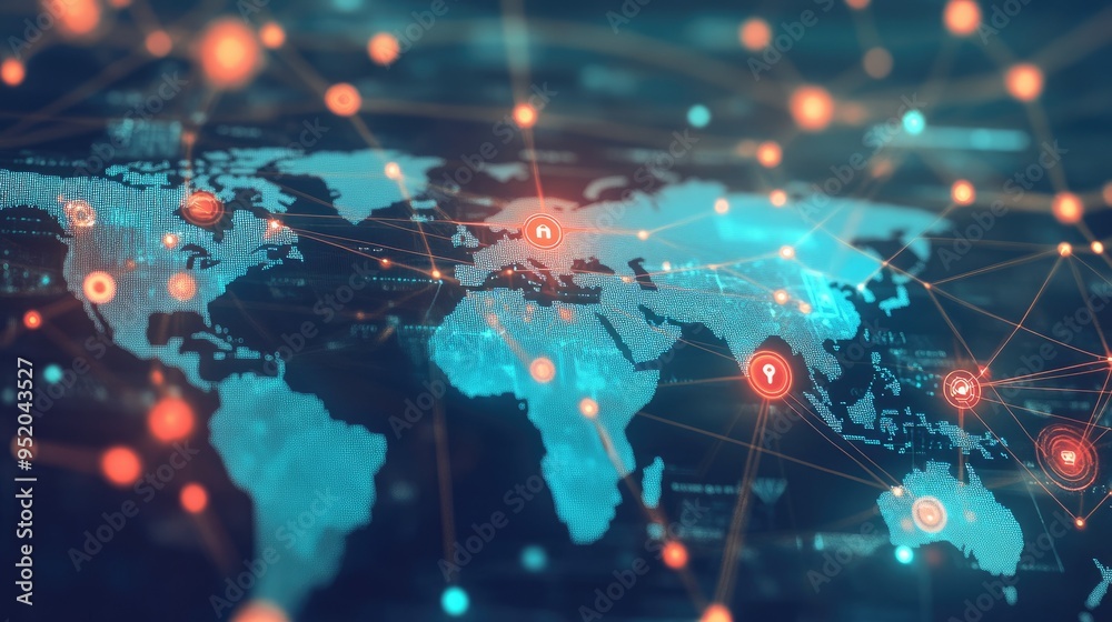 Poster digital interface illustrating global contacts and web technology connections. nodes and connections