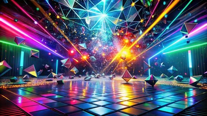 Whimsical colorful splashes explode across a retro-futuristic laser-lit dance floor surrounded by fragmented polygonal shapes and metallic accents
