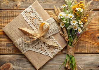 Fototapeta premium rustic charming country barn wedding invitation featuring burlap lace wildflowers natural light soft warm tones cozy intimate gathering nature inspired effortless beauty