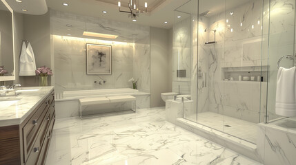Luxurious master bathroom with a walk-in shower, marble tiles, and elegant fixtures.
