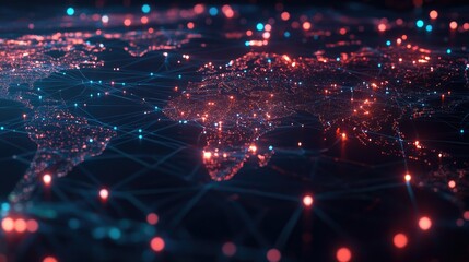 Obraz premium Interface showing global technology connections with a web of interconnected nodes and data. Visualization of worldwide digital contact networks and web technology.