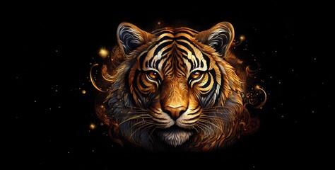 Fantasie Abbildung Tiger Kopf mit Lichtpunkten auf Schwarz