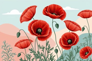 Fototapeta premium Elegant Scarlet Poppies on a Calming Pastel Landscape Illustration