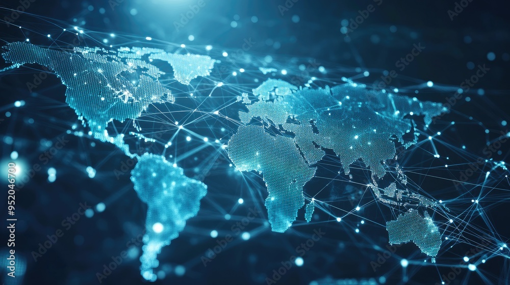 Poster web technology connections concept with a global map and interconnected network nodes. digital inter