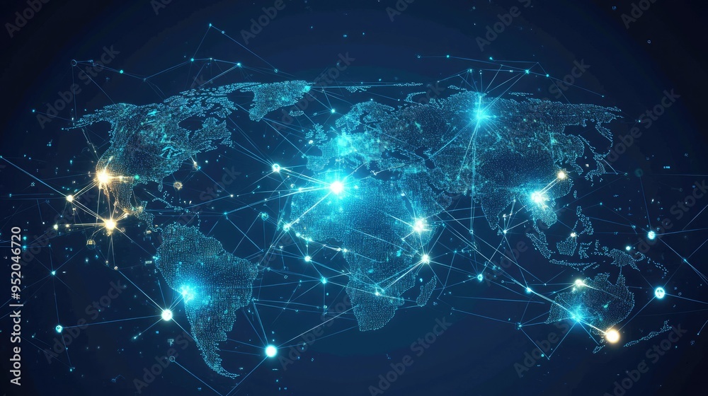 Poster web technology connections interface with a global network map. digital links and nodes represent gl