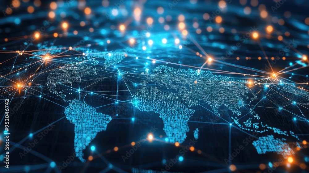 Poster web technology connections interface with a global network map. digital links and nodes represent gl