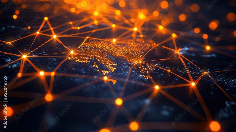 Poster web technology connections interface with a global network map. digital links and nodes represent gl