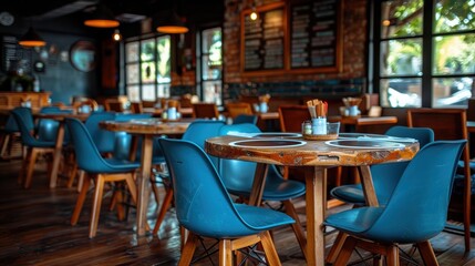 Fototapeta premium A cozy, ambient restaurant with modern blue chairs, wooden tables, and warm lighting creating a welcoming atmosphere for dining and socializing