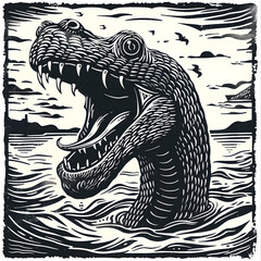 Loch Ness full aggressive expression black and white illustration