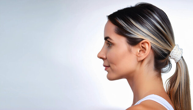 Side Profile of a Beautiful Female Model with a White Background