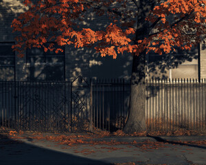 Obraz premium A maple tree standing side of school back yard and steel gate, three story large shadow little dark but beautiful
